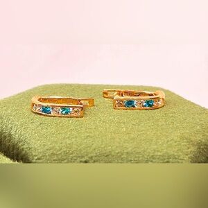 Vintage 14K Gold Petite Hoop Earrings with White & Turquoise Cubic Zirconia